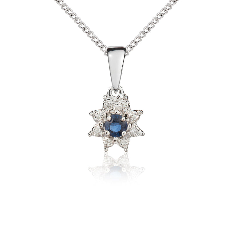 9ct White Gold Round Natural Sapphire & Diamond Claw Set Cluster Pendant — 3mm