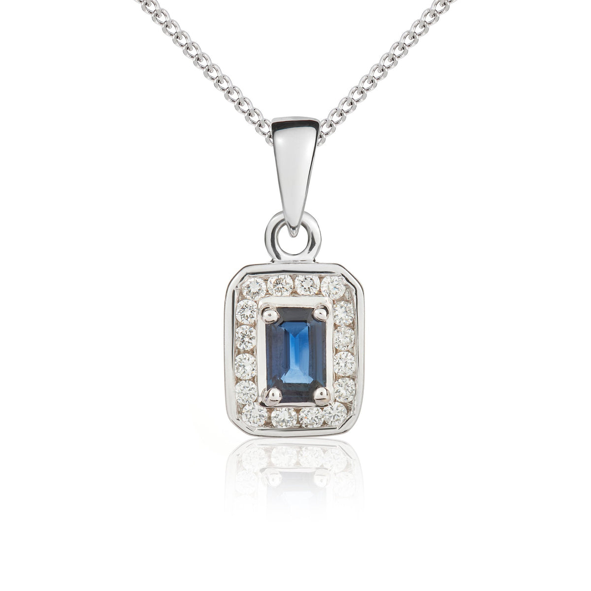 9ct White Gold Octagonal Natural Sapphire & Diamond Cluster Pendant — 5x3mm