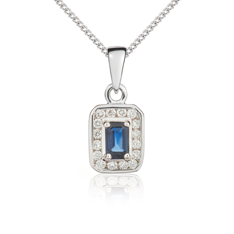 9ct White Gold Octagonal Natural Sapphire & Diamond Cluster Pendant — 5x3mm