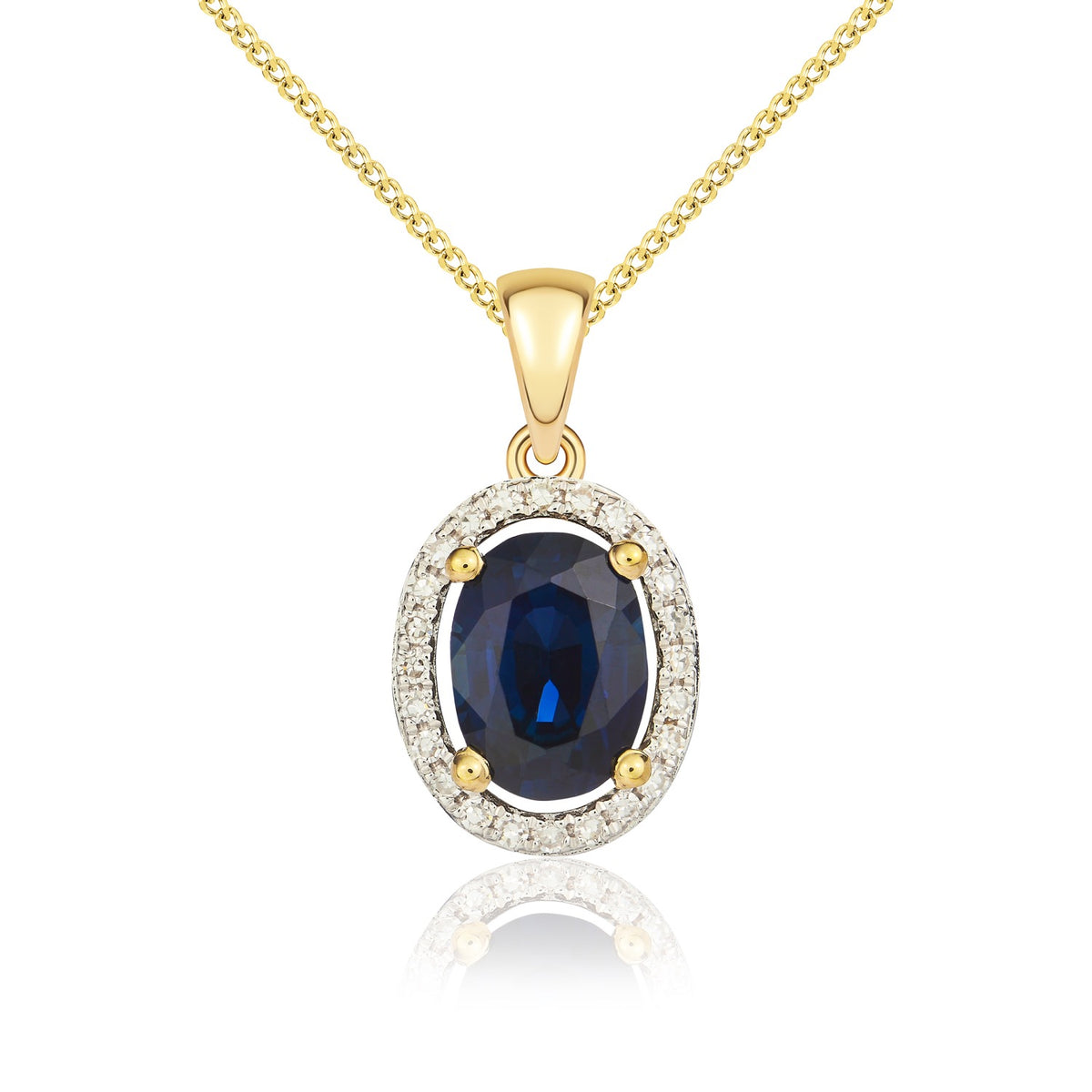 9ct Yellow Gold Oval Natural Sapphire & Diamond Halo Cluster Pendant — 7x5mm