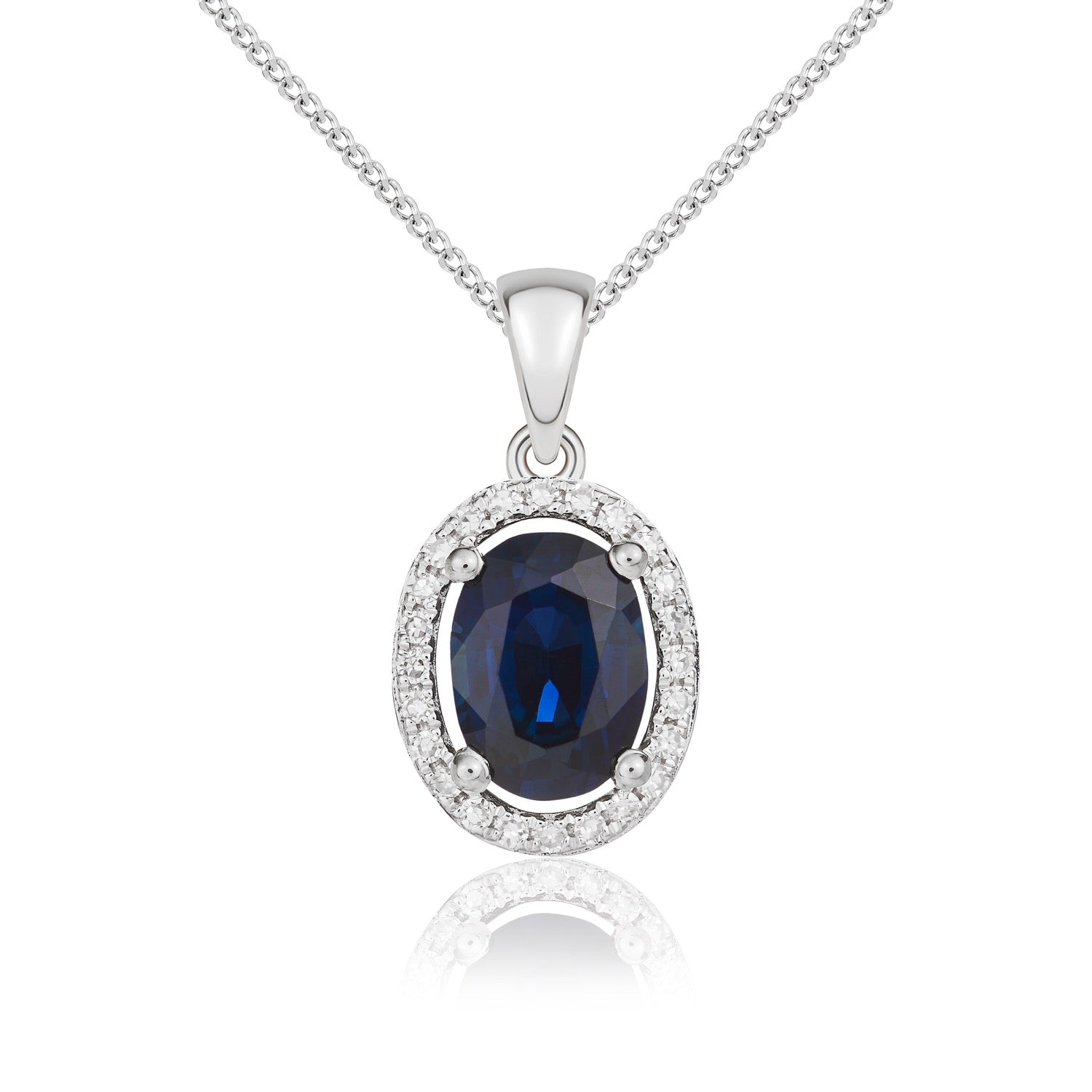 9ct White Gold Oval Natural Sapphire and Diamond Halo Cluster Pendant — 7x5mm