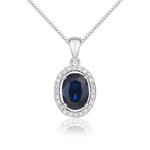 9ct White Gold Oval Natural Sapphire & Diamond Halo Cluster Pendant — 7x5mm