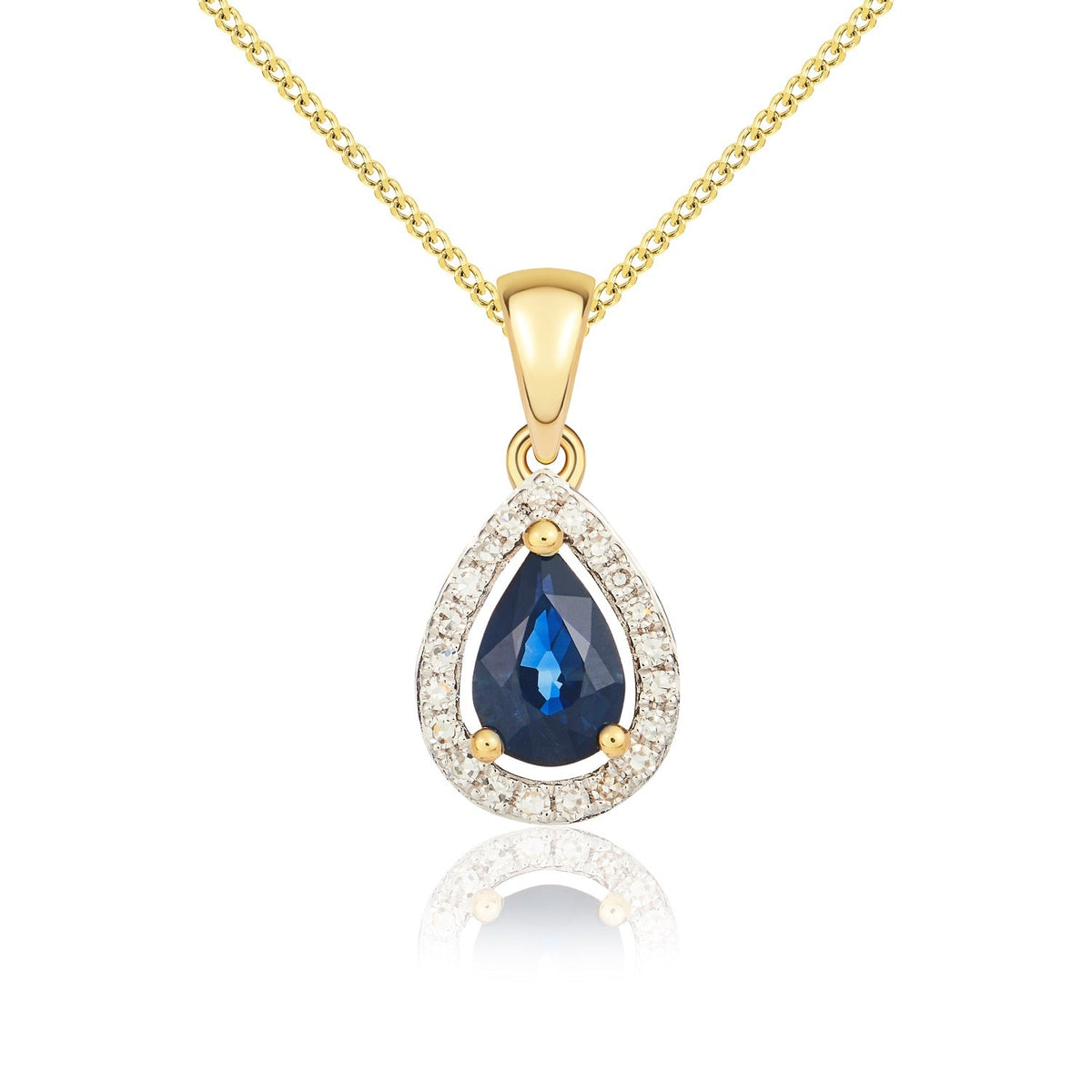 9ct Yellow Gold Pear Natural Sapphire & Diamond Halo Cluster Pendant — 6x4mm