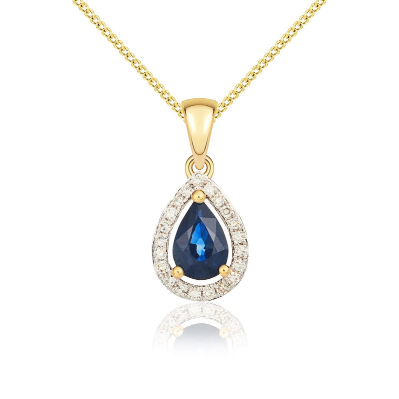 9ct Yellow Gold Pear Natural Sapphire & Diamond Halo Cluster Pendant — 6x4mm