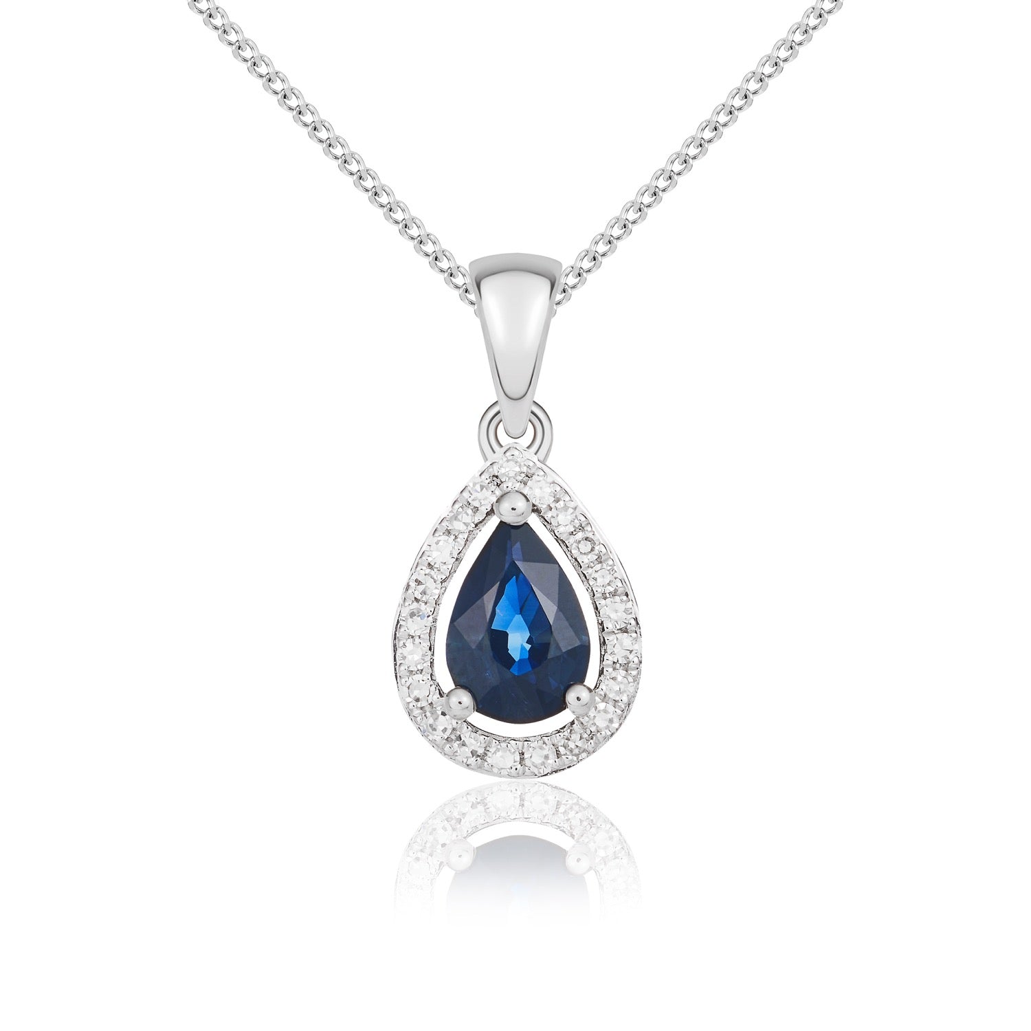 9ct White Gold Pear Shaped Natural Sapphire and Diamond Halo Cluster Pendant —6 x 4mm