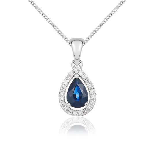 9ct White Gold Pear Shaped Sapphire and Diamond Halo Cluster Pendant —6 x 4mm