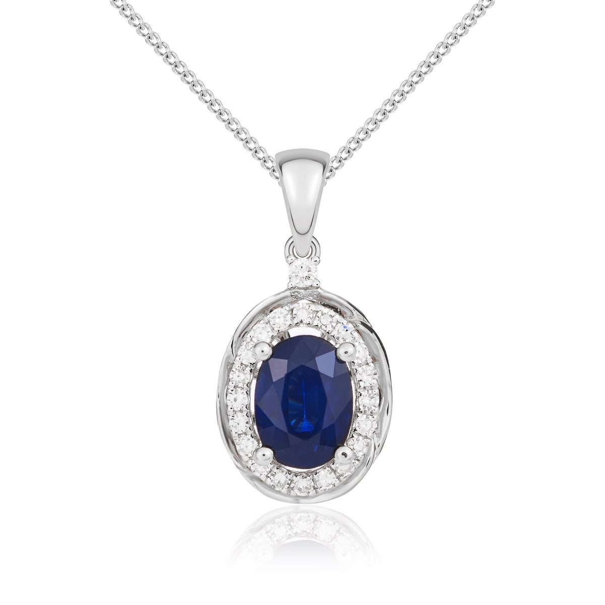 9ct White Gold Oval Natural Sapphire & Diamond Rope Edge Cluster Pendant — 7x5mm