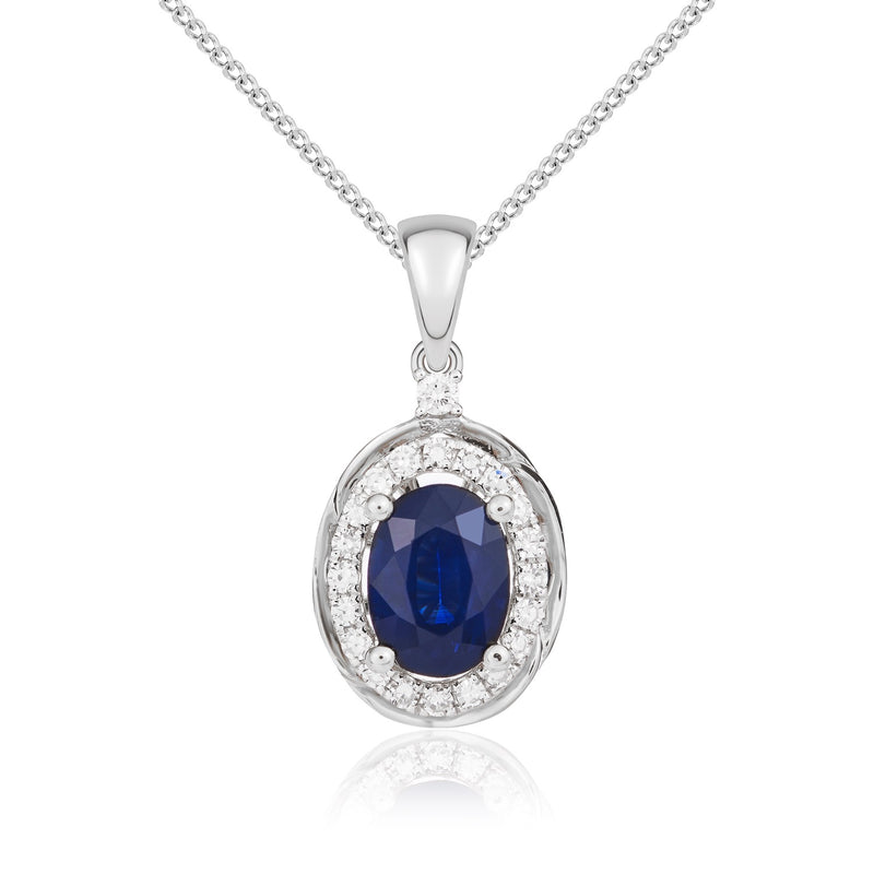 9ct White Gold Oval Natural Sapphire & Diamond Rope Edge Cluster Pendant — 7x5mm