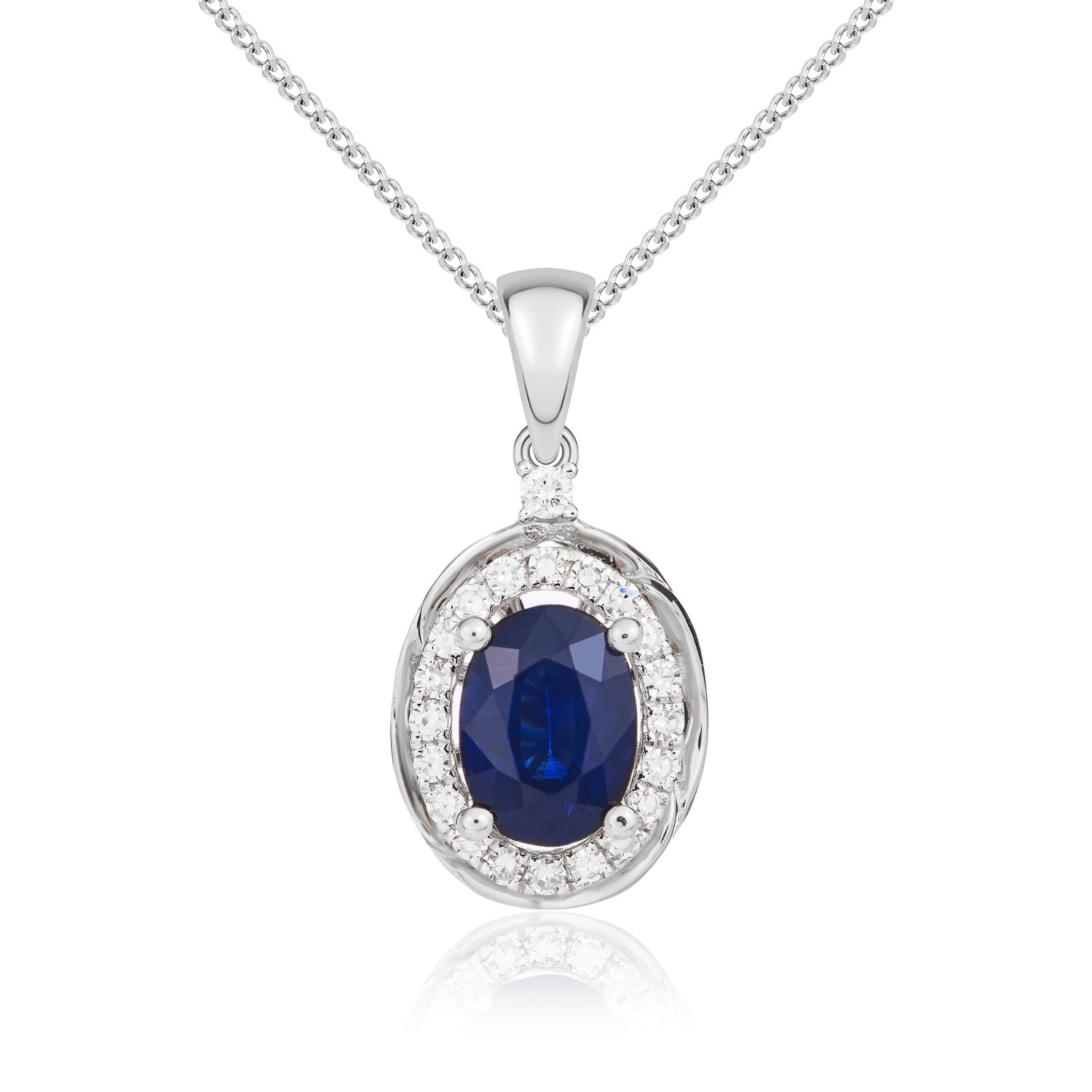 9ct White Gold Oval Natural Sapphire and Diamond Cluster Pendant — 7x5mm