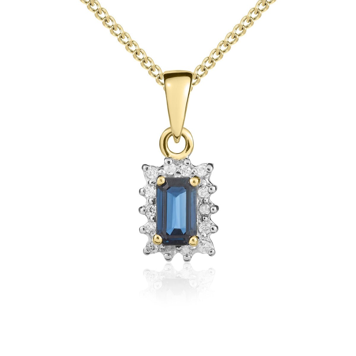 9ct Yellow Gold Octagonal Natural Sapphire & Diamond Claw Set Cluster Pendant — 5x3mm