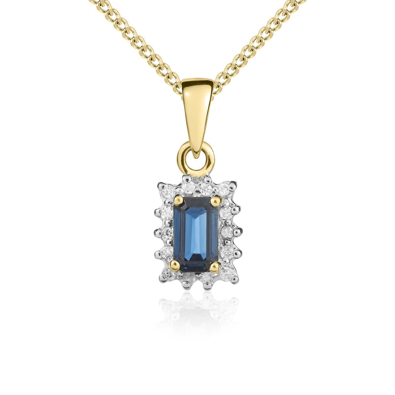 9ct Yellow Gold Octagonal Natural Sapphire & Diamond Claw Set Cluster Pendant — 5x3mm
