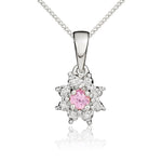 9ct White Gold Round Natural Pink Sapphire & Diamond Claw Set Cluster Pendant — 3mm