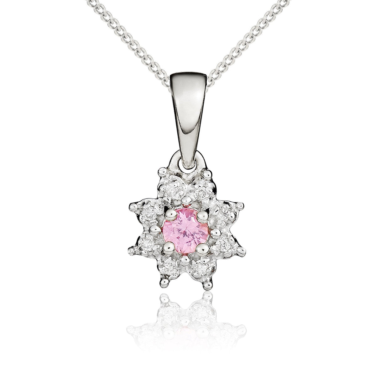 9ct White Gold Round Natural Pink Sapphire & Diamond Claw Set Cluster Pendant — 3mm