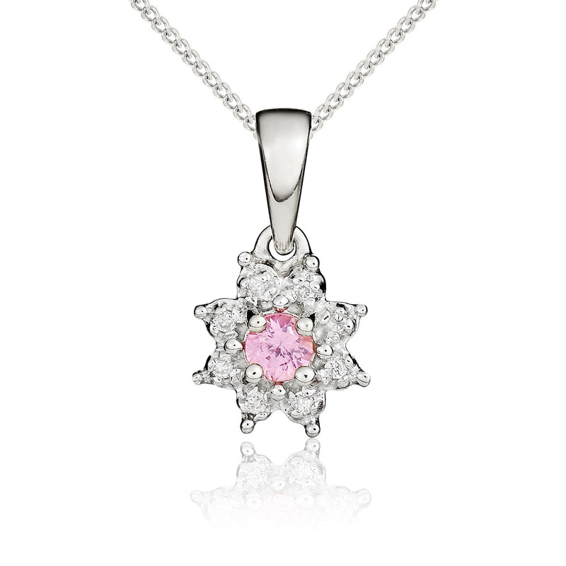 9ct White Gold Round Natural Pink Sapphire & Diamond Claw Set Cluster Pendant — 3mm