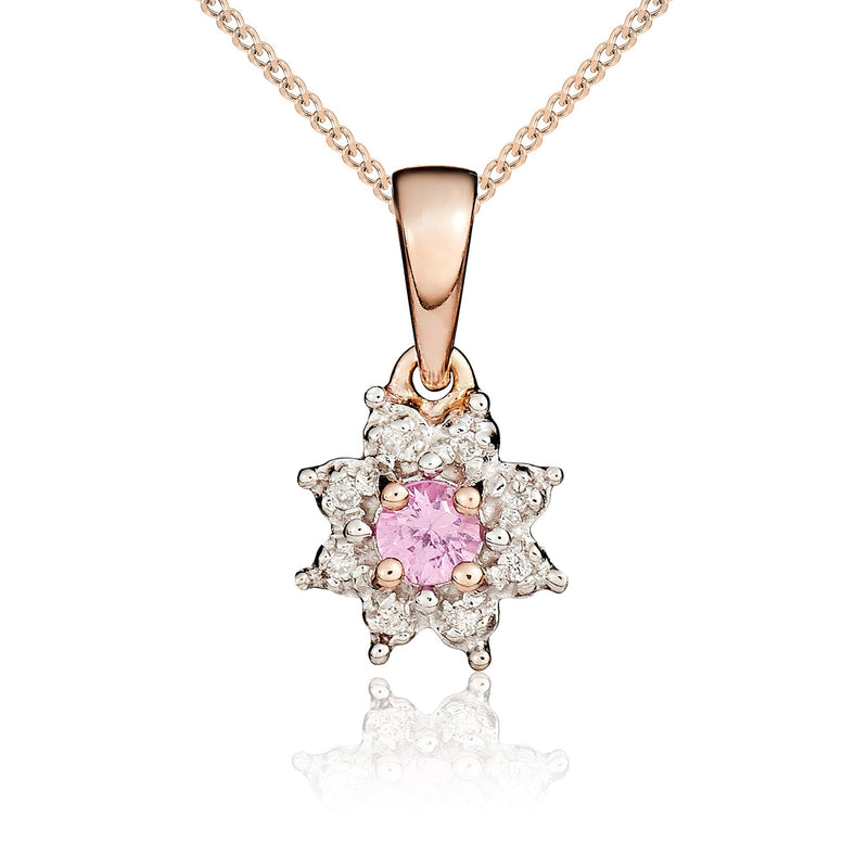 9ct Rose Gold Round Natural Pink Sapphire & Diamond Claw Set Cluster Pendant — 3mm