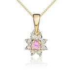 9ct Yellow Gold Round Natural Pink Sapphire & Diamond Claw Set Cluster Pendant — 3mm