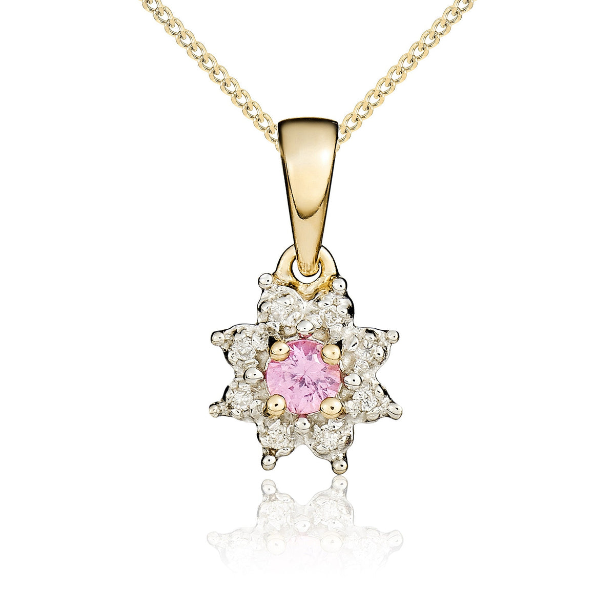 9ct Yellow Gold Round Natural Pink Sapphire & Diamond Claw Set Cluster Pendant — 3mm