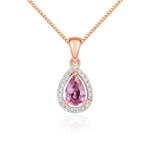 9ct Rose Gold Pear Natural Pink Sapphire & Diamond Halo Cluster Pendant — 6x4mm