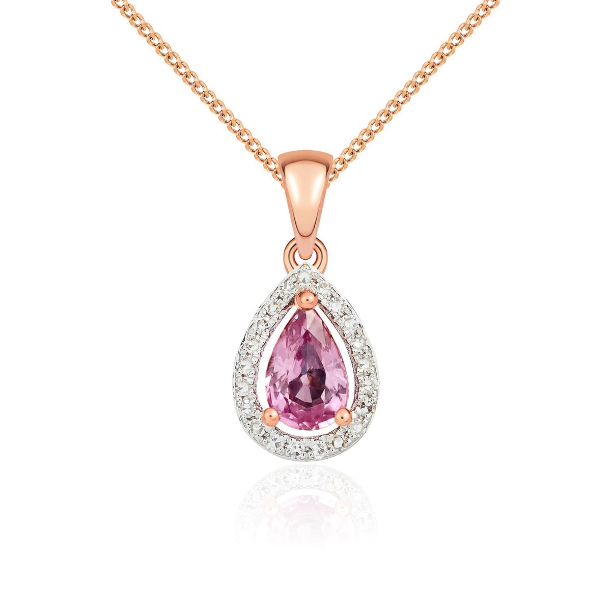 9ct Rose Gold Pear Natural Pink Sapphire & Diamond Halo Cluster Pendant — 6x4mm