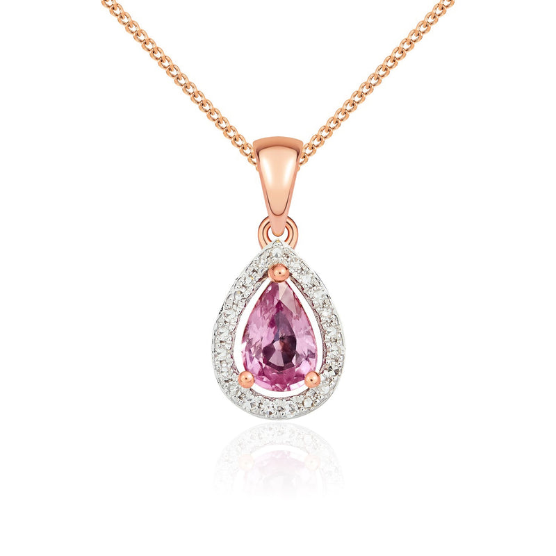 9ct Rose Gold Pear Natural Pink Sapphire & Diamond Halo Cluster Pendant — 6x4mm