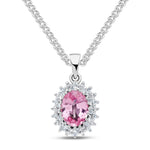 9ct White Gold Oval Natural Pink Sapphire & Diamond Classic Cluster Pendant — 8x6mm