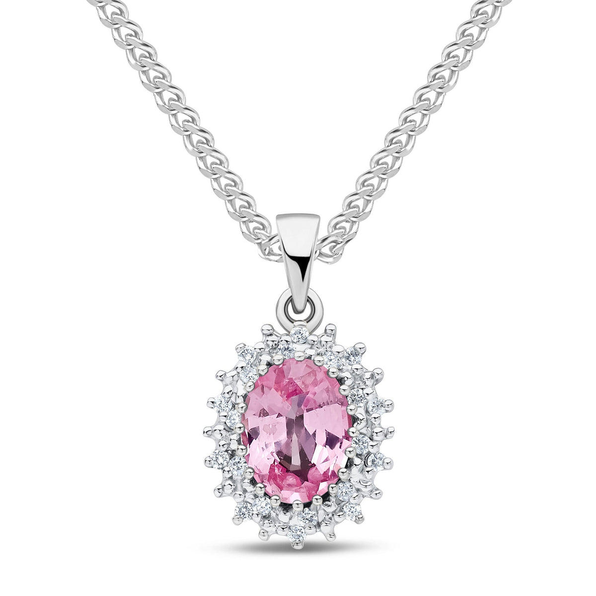 9ct White Gold Oval Natural Pink Sapphire & Diamond Classic Cluster Pendant — 8x6mm