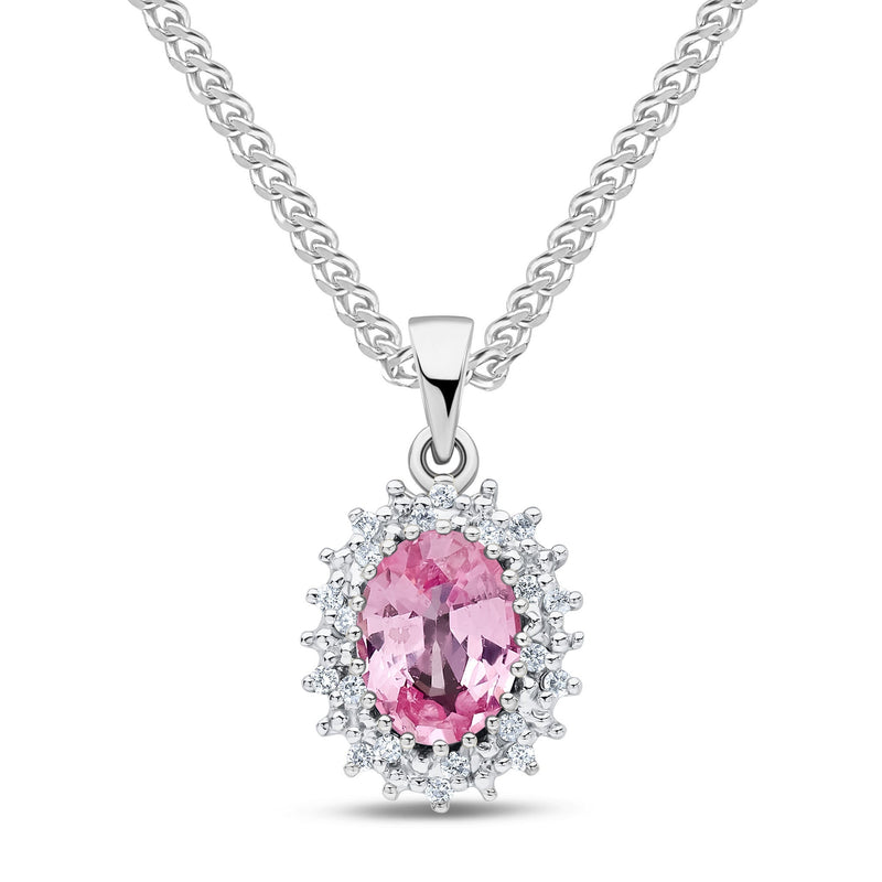 9ct White Gold Oval Natural Pink Sapphire & Diamond Classic Cluster Pendant — 8x6mm