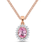9ct Rose Gold Oval Natural Pink Sapphire & Diamond Classic Cluster Pendant — 8x6mm