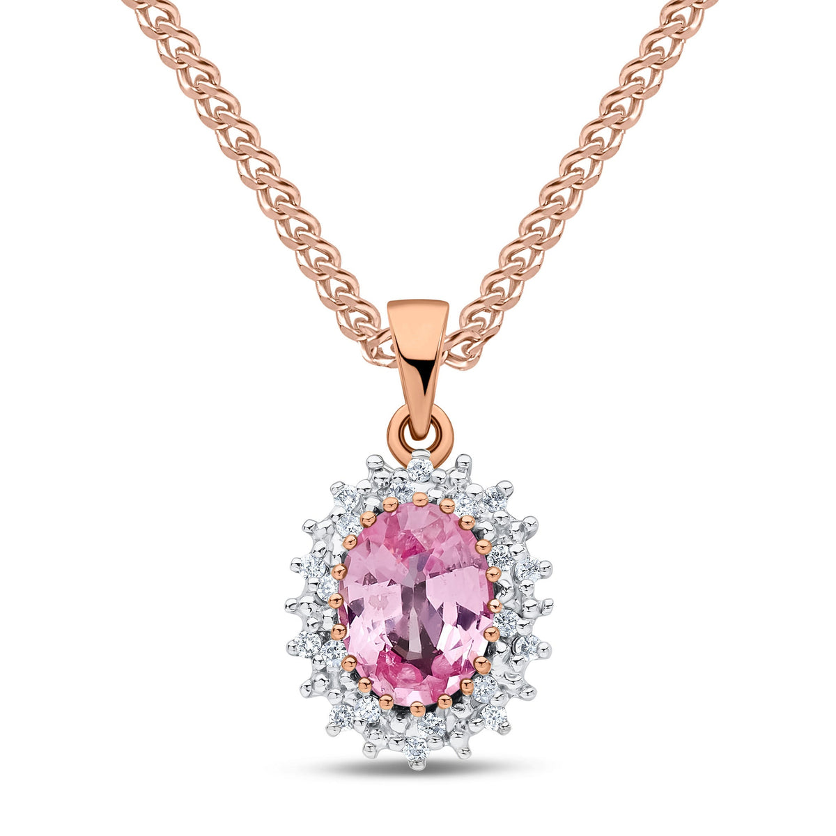 9ct Rose Gold Oval Natural Pink Sapphire & Diamond Classic Cluster Pendant — 8x6mm
