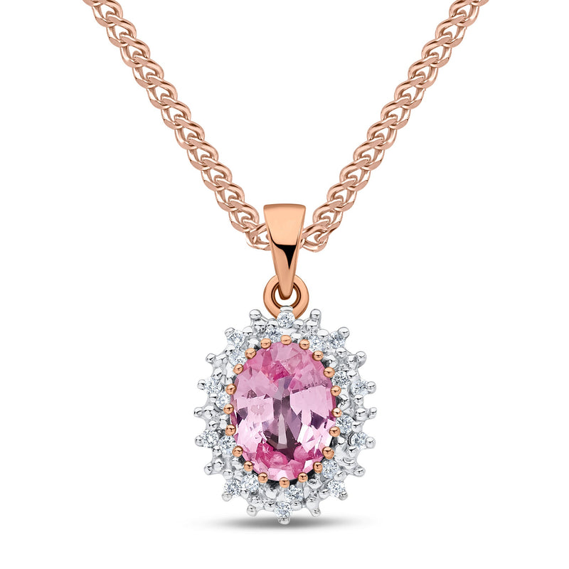9ct Rose Gold Oval Natural Pink Sapphire & Diamond Classic Cluster Pendant — 8x6mm