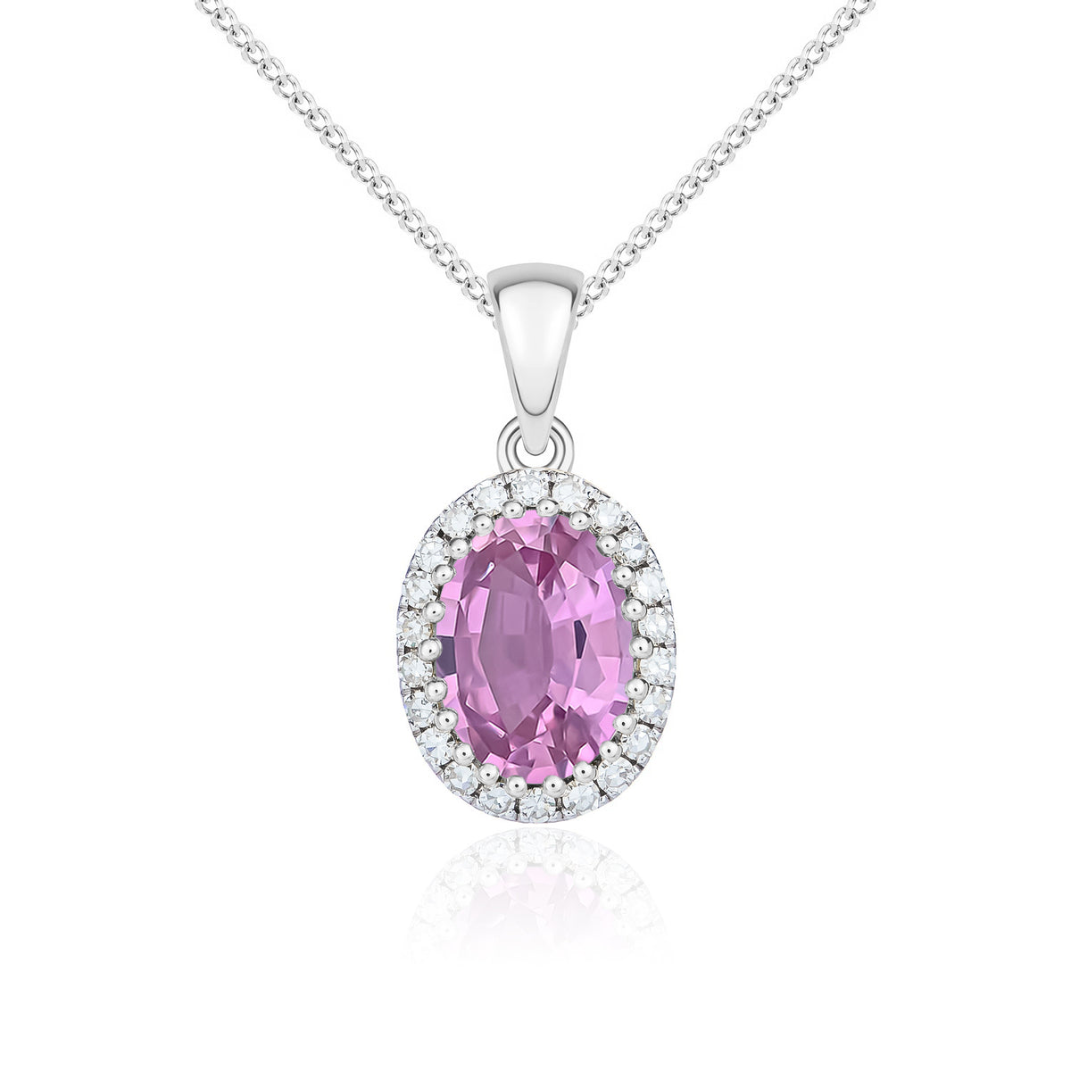 9ct White Gold Oval Natural Pink Sapphire & Diamond Claw Set Cluster Pendant — 7x5mm
