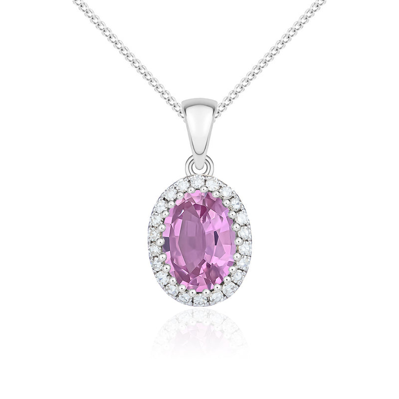 9ct White Gold Oval Natural Pink Sapphire & Diamond Claw Set Cluster Pendant — 7x5mm