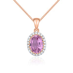 9ct Rose Gold Oval Natural Pink Sapphire & Diamond Claw Set Cluster Pendant — 7x5mm