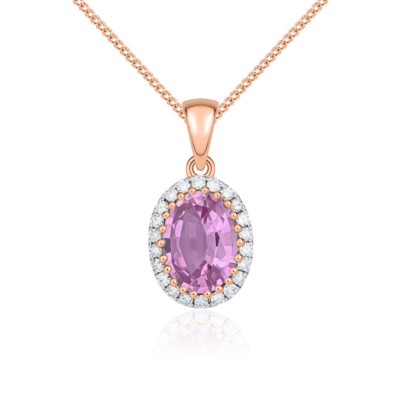 9ct Rose Gold Oval Natural Pink Sapphire & Diamond Claw Set Cluster Pendant — 7x5mm