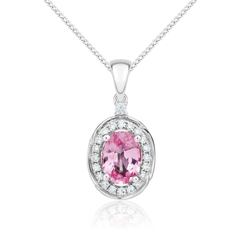 9ct White Gold Oval Natural Pink Sapphire & Diamond Rope Edge Cluster Pendant — 7x5mm