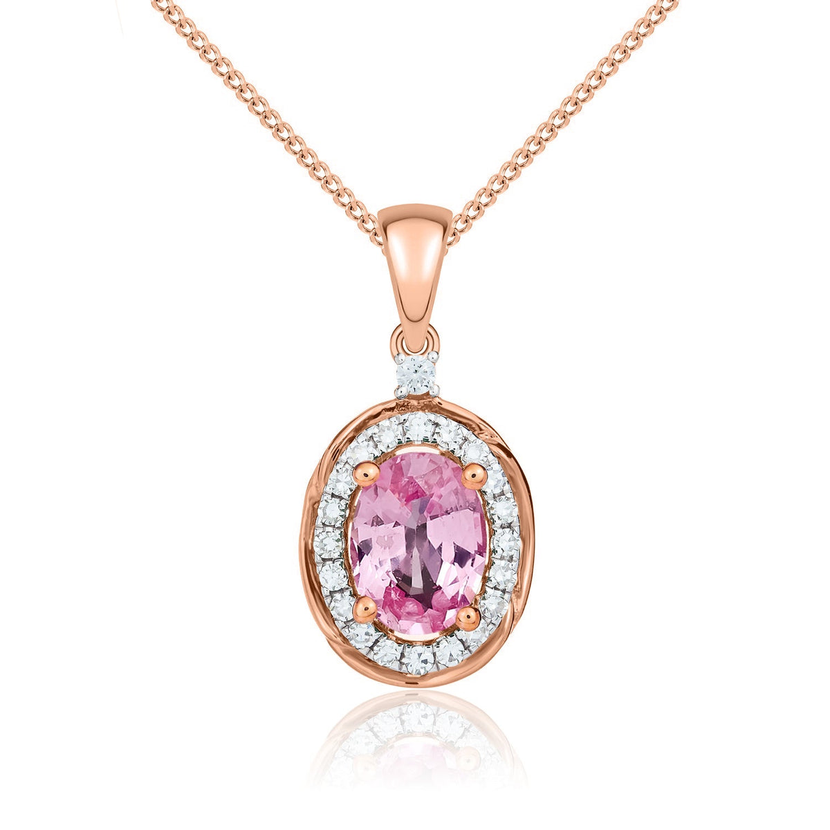 9ct Rose Gold Oval Natural Pink Sapphire & Diamond Rope Edge Cluster Pendant — 7x5mm