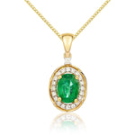 9ct Yellow Gold Oval Natural Emerald & Diamond Rope Edge Cluster Pendant — 7x5mm