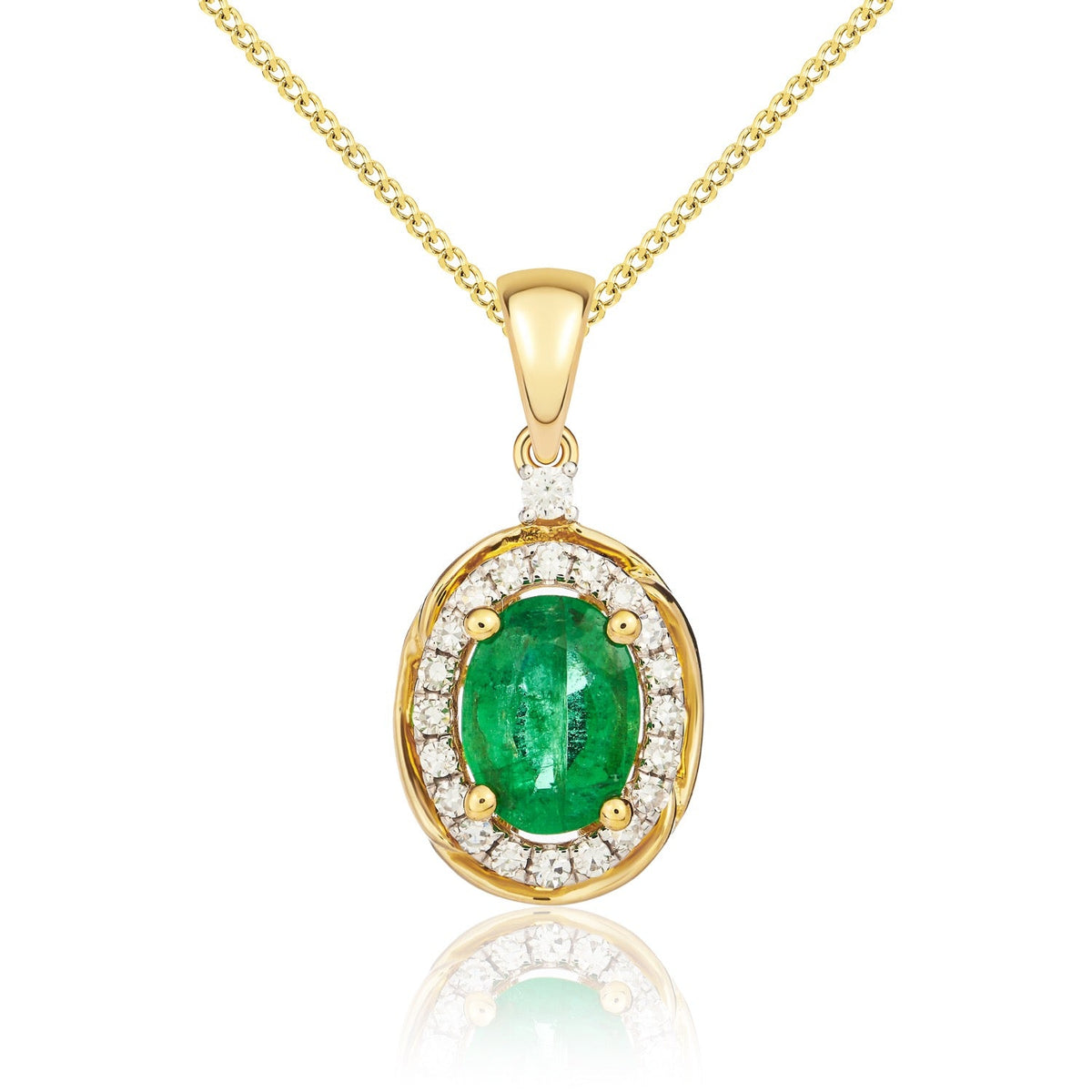 9ct Yellow Gold Oval Natural Emerald & Diamond Rope Edge Cluster Pendant — 7x5mm