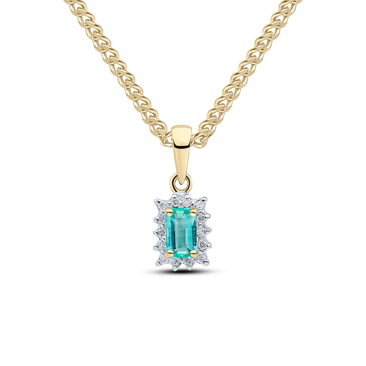 9ct Yellow Gold Octagonal Natural Emerald & Diamond Claw Set Cluster Pendant — 5x3mm