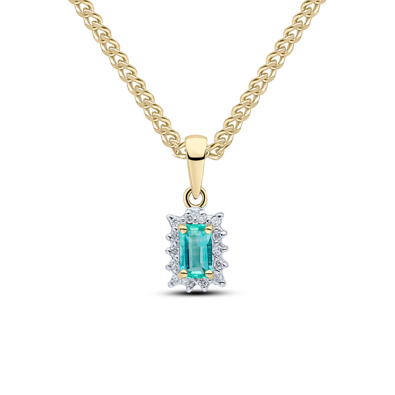 9ct Yellow Gold Octagonal Natural Emerald & Diamond Claw Set Cluster Pendant — 5x3mm