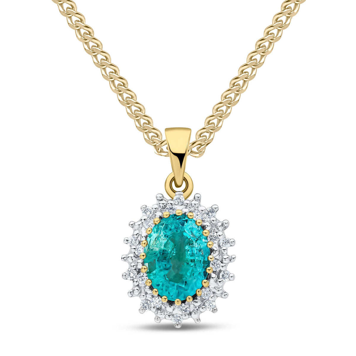9ct Yellow Gold Oval Natural Emerald & Diamond Classic Cluster Pendant — 8x6mm