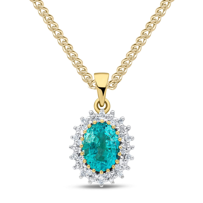 9ct Yellow Gold Oval Natural Emerald & Diamond Classic Cluster Pendant — 8x6mm