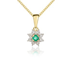 9ct Yellow Gold Round Natural Emerald & Diamond Claw Set Cluster Pendant — 3mm