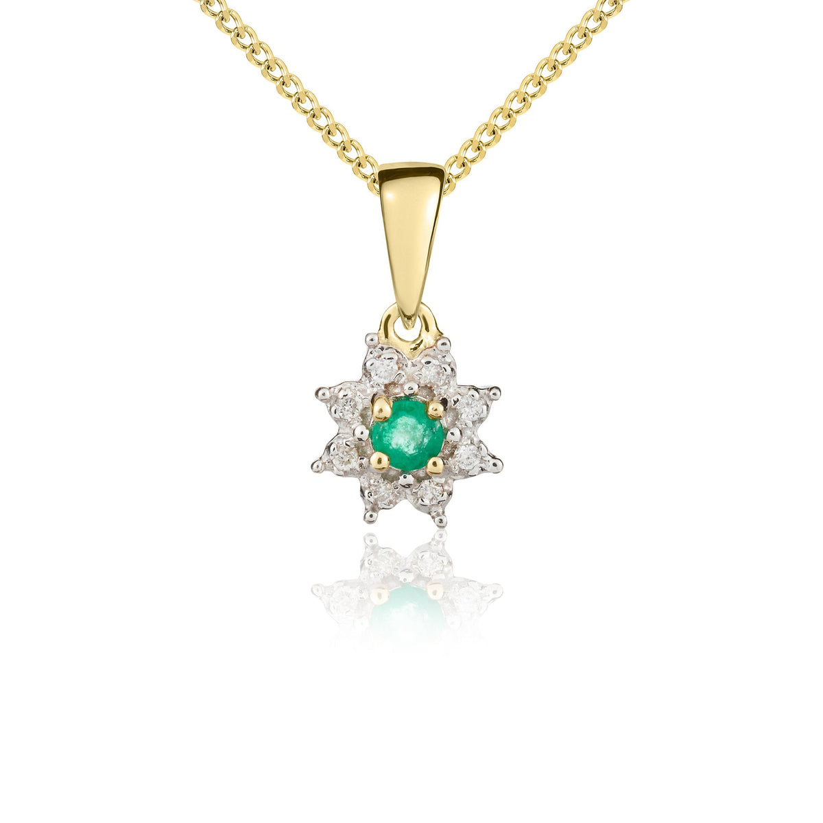 9ct Yellow Gold Round Natural Emerald & Diamond Claw Set Cluster Pendant — 3mm