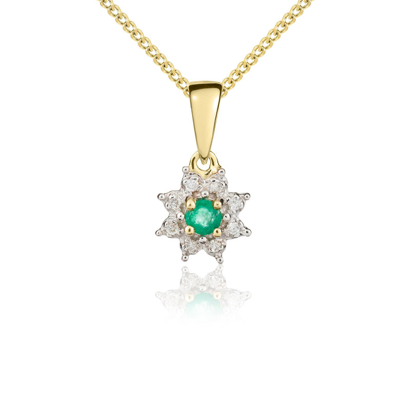 9ct Yellow Gold Round Natural Emerald & Diamond Claw Set Cluster Pendant — 3mm