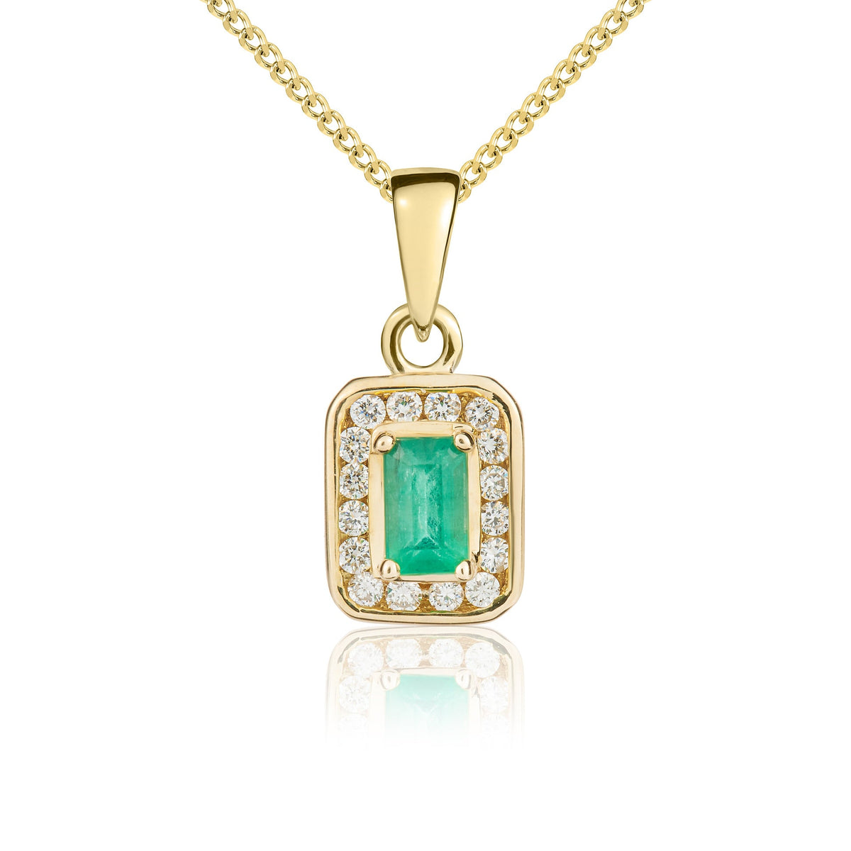 9ct Yellow Gold Octagonal Natural Emerald & Diamond Cluster Pendant — 5x3mm