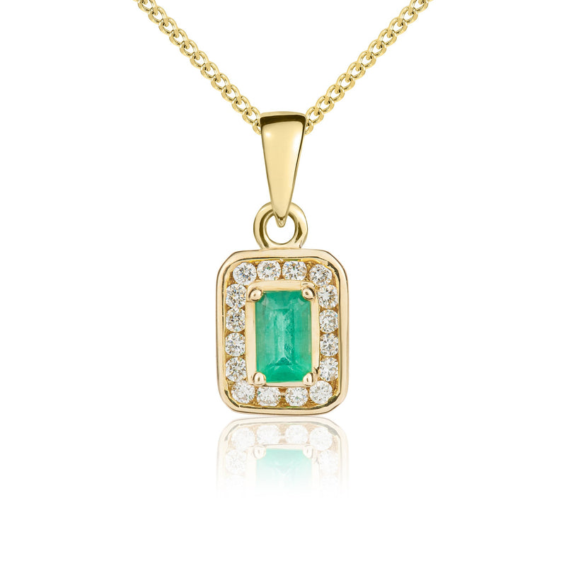 9ct Yellow Gold Octagonal Natural Emerald & Diamond Cluster Pendant — 5x3mm