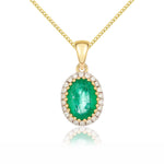 9ct Yellow Gold Oval Natural Emerald & Diamond Claw Set Cluster Pendant — 7x5mm