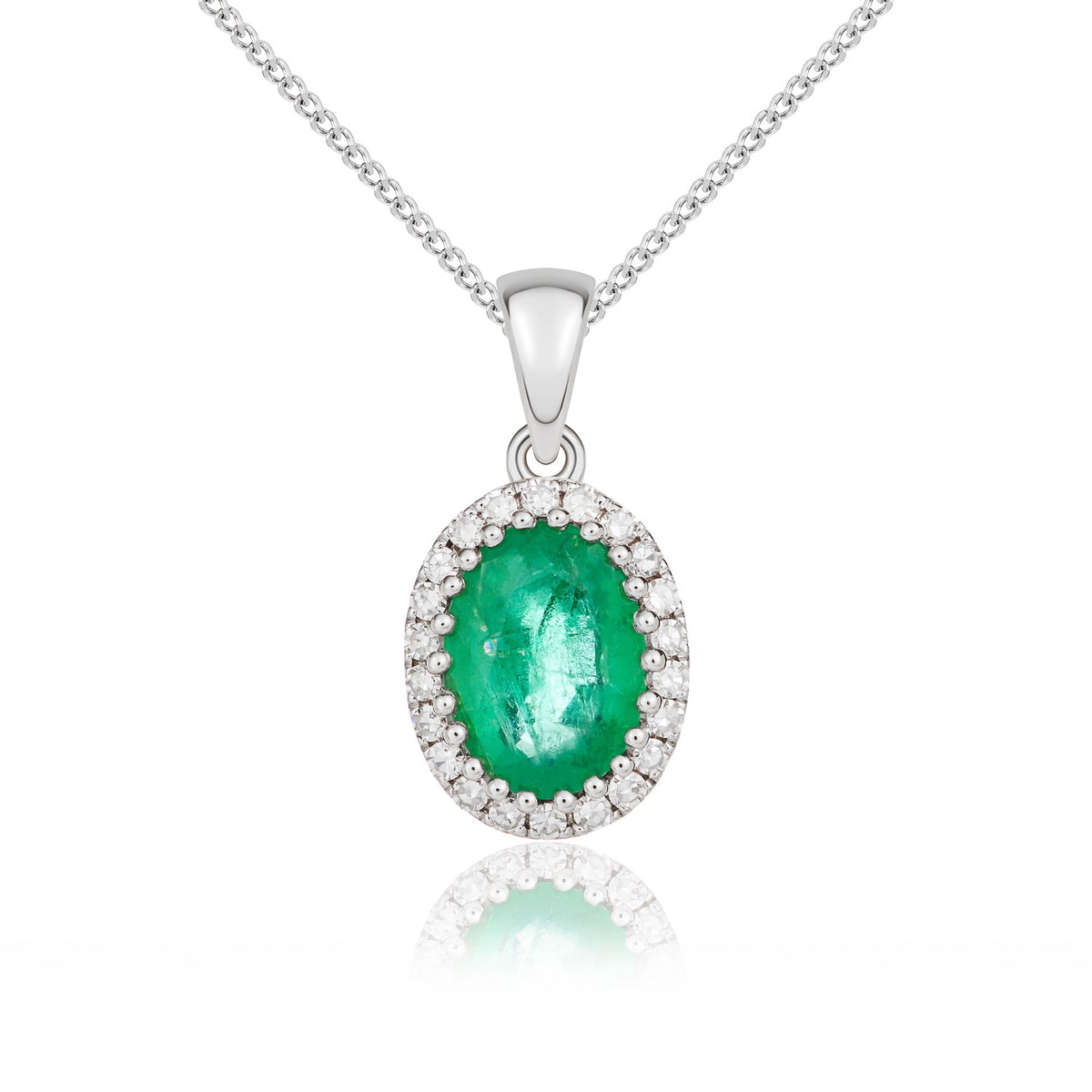 9ct White Gold Oval Natural Emerald & Diamond Claw Set Cluster Pendant — 7x5mm