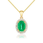9ct Yellow Gold Oval Natural Emerald & Diamond Halo Cluster Pendant — 7x5mm